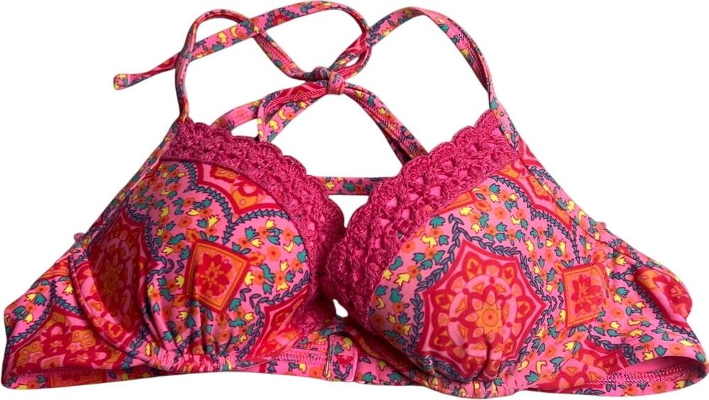 Aerie 34A Swim Barbie Pink Paisley Halter Bikini Top